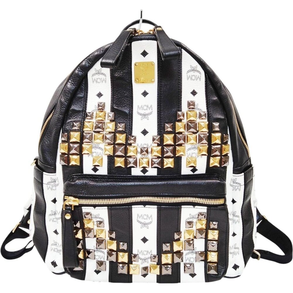 (L5) Authentic MCM Backpack Bag Black PVC Luxury Vintage Designer Handbag
